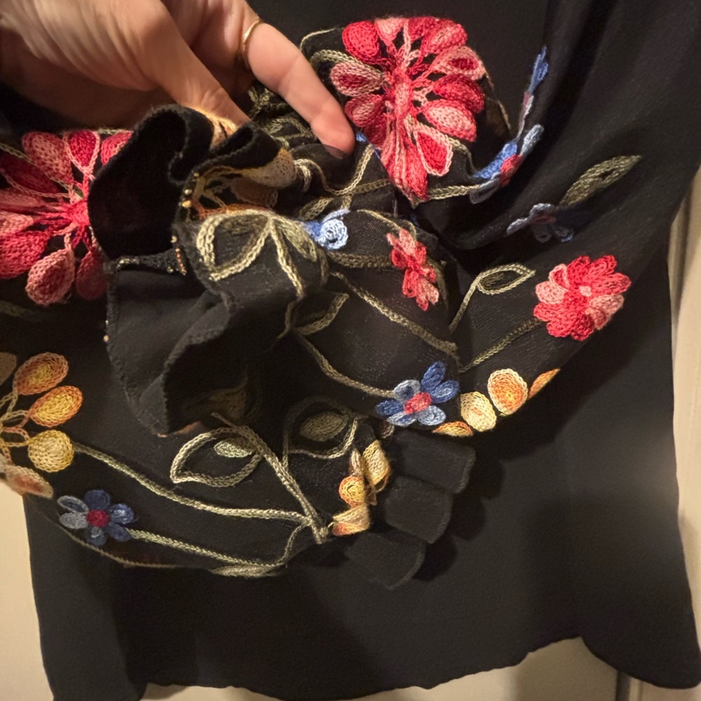 SHEIN Black Sheer Flowy Blouse with Colorful Lantern Embroidered Floral Sleeves - Picture 15 of 17